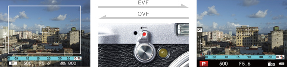 (Left) Optical Viewfinder (OVF) (Center) Viewfinder Switch Lever (Right) Electronic Viewfinder (EVF)